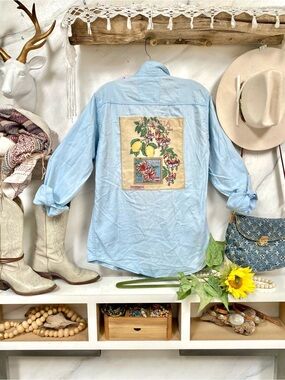 Upcycled botanical citrus fruit floral boho back detailing buttoned down shirt